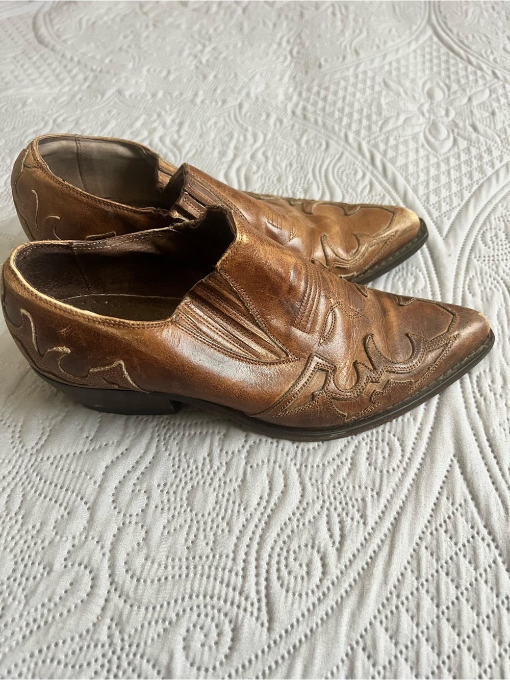 Brown Leather Western Slip-On Dress Shoes